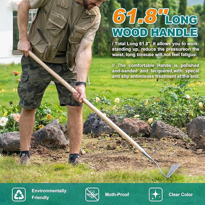 Berry&Bird Swoe Garden Hoe, 61.8'' Stainless Steel Long Handled 3 Edge Hoe with Wooden Hand, Mini Angled/Warren Hoe, Soil Cultivator Weeding Tool for Grass Flower Backyard