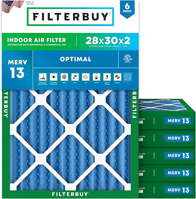 Filterbuy 28x30x2 Air Filter MERV 13 (MPR 1900) Health Defense Replacement (6-Pack), Electrostatic Pleated HVAC AC Furnace Filters, Made in USA (Actual Size: 27.75 x 29.75 x 1.75)
