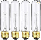 4 Pack T10 Tubular Light Bulbs, 25W Bulb, Clear Incandescent, E26 Medium Base, Warm White, Dimmable Vintage Tubular Style Showcase Bulb