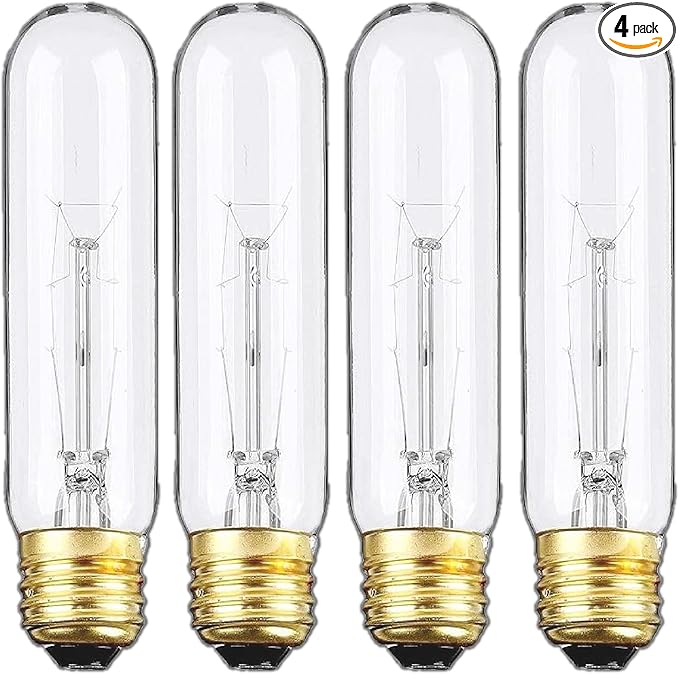4 Pack T10 Tubular Light Bulbs, 25W Bulb, Clear Incandescent, E26 Medium Base, Warm White, Dimmable Vintage Tubular Style Showcase Bulb
