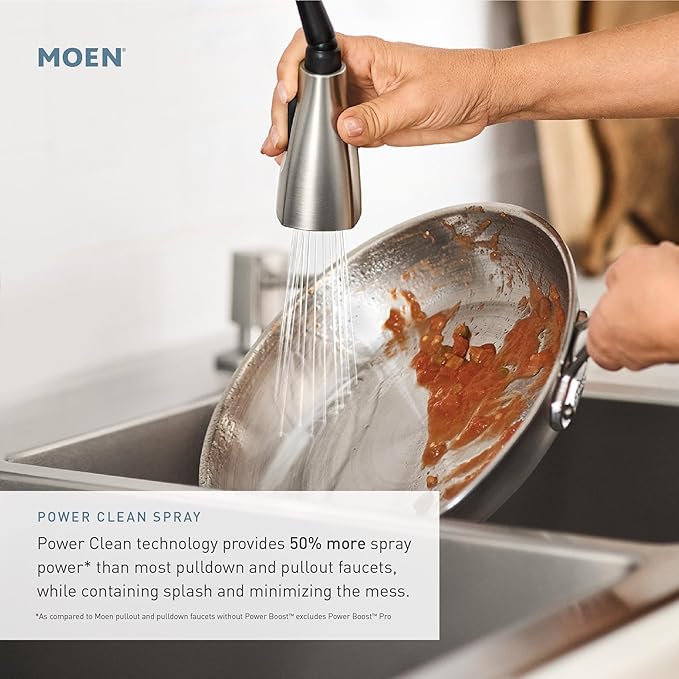Moen Essie Spot Resist Stainless One-Handle High Arc Pre-Rinse Spring Pulldown Kitchen Faucet with Power Clean and Soap Dispenser, 87814SRS
