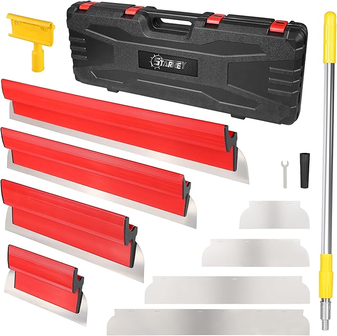 Drywall Skimming Blade Set with 30" - 48" Extension Handle 10in/16in/24in/32in Stainless Steel Skimming Blades for Wall Surface Smoothing Drywall Plaster Wallboard Includes Replaceable Blades