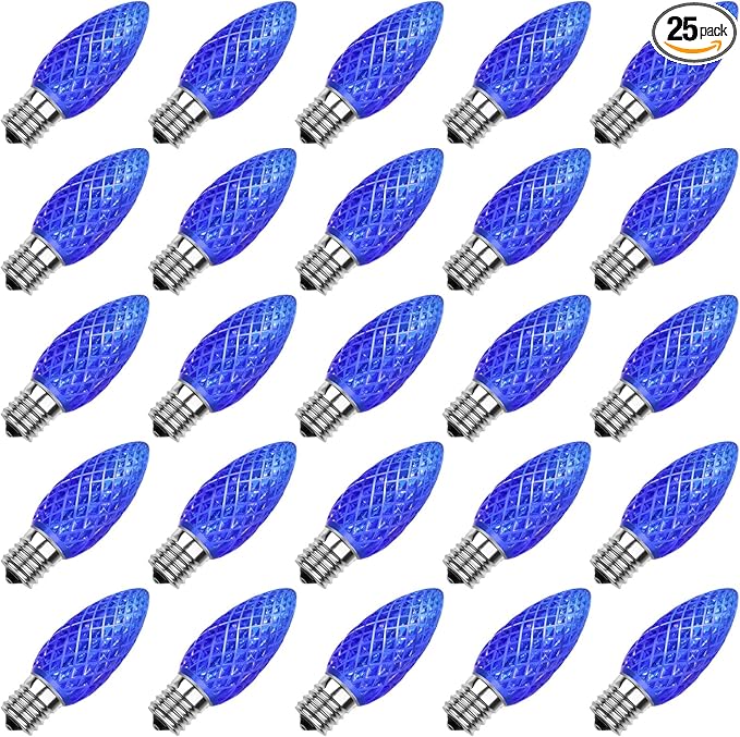 Meconard C9 Led Replacement Christmas Light Bulbs, C9 Shatterproof Led Bulbs for Christmas Indoor Outdoor String Lights, E17 Intermediate Base, Commercial Grade Holiday Bulbs, Blue, 25Pack