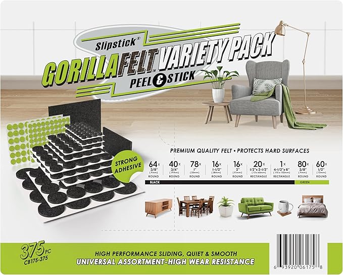 Slipstick Gorilla Felt Furniture Pads (375 Piece Variety Pack) Premium Furniture Pads & Chair Leg Floor Protectors for Hardwood Floors & Hard Surfaces