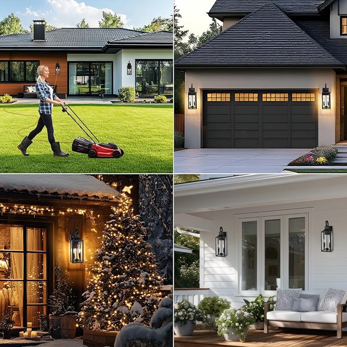 Large Porch Lights with GFCI Outlet, 19" Black Dusk to Dawn Outdoor Wall Lantern 2-Light, Exterior Lighting Fixtures with GFCI Outlet Built-in, Waterproof Outdoor Wall Sconce for House Front Door