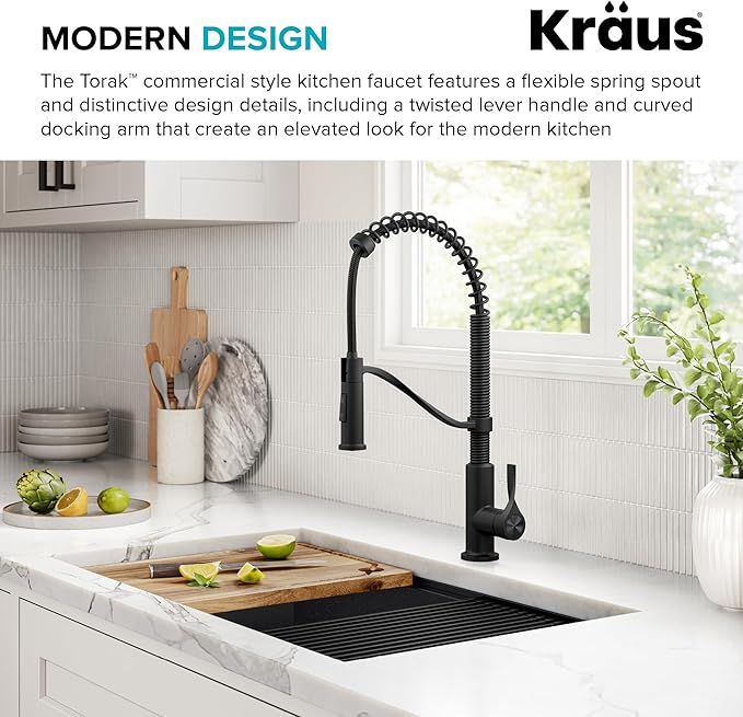 KRAUS Torak Pull Down Kitchen Faucet in Matte Black with Commercial Style Spring Spout, 2 Function Sprayer, Pre-Attached Water Lines, and Mounting Hardware, KPF-2635MB