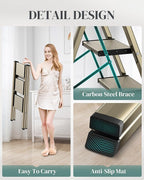 GameGem 3 Step Ladder, Folding Step Stool with Wider Pedal, Anti-Slip Feet & Non Slip Stripes, Aluminum Sturdy Material, 300Lbs Capacity, Elegant Look of Champagne Gold Better Matches Your Home