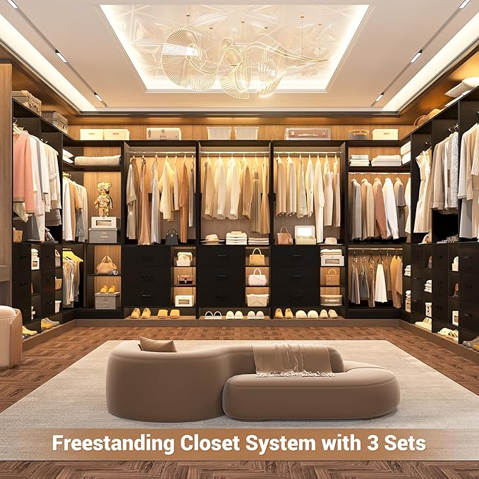 Aheaplus Closet System with 6 Drawers, 4 Hanging Rods & Corner Tower, Corner Closet System with Hanging,92.6" L-Shaped Walk-In Wardrobe Organizer, 2000+ lbs Capacity, Set of 3, Black