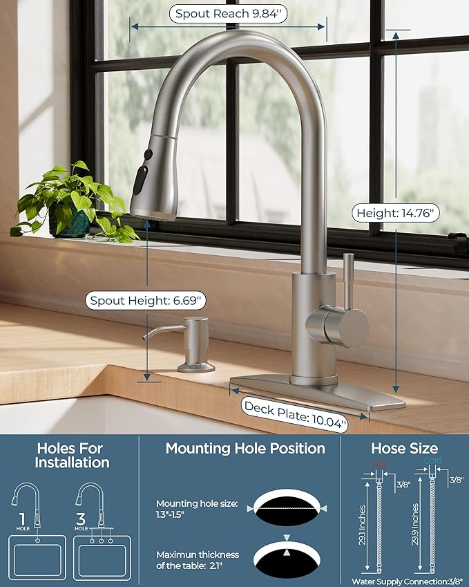 Kitchen Faucet with Soap Dispenser, Brushed Nickel High Arc Stainless Steel Modern Sink Faucet with Pull Down Sprayer, Deck Plate for 1 or 3 Hole Sinks for RV Bar Laundry Farmhouse