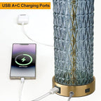 Oneach 27.75” Table Lamps Set of 2, Blue Modern Bedside Lamp with LED Night Light, USB A+C, Glass Lamps for Living Room, Bedroom, Nightstand, Office, End Table (2 Bulbs Included)