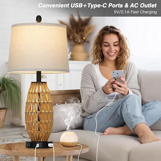 27" Boho Rattan Table Lamp with Night Light, Wicker Bedside Lamp with USB A+C Charging Port & AC Outlet, Woven Coastal Bedroom Lamps for Nightstand, Tall Farmhouse Lamps for Living Room Single
