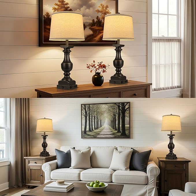 28'' Farmhouse Bedside Lamps Set of 2, Black Gold Table Lamps for Nightstand, Desk Lamps with Linen Shades, Table Lamps with USB A+C Port, Nightstand Lamps for Bedroom, Rocker Switch, Bulb Included