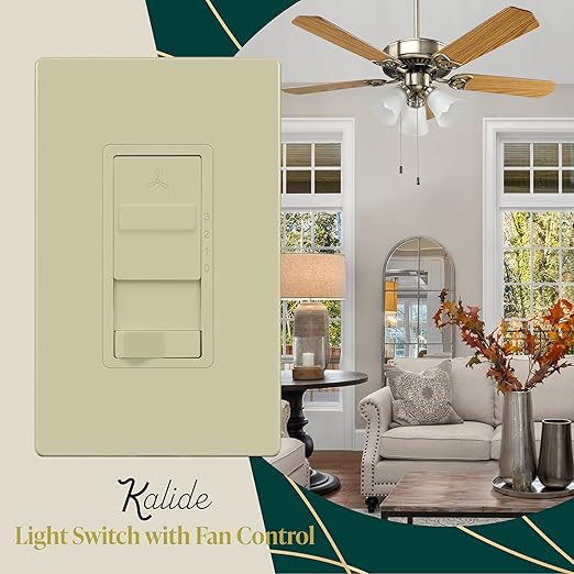 TOPGREENER Kalide Light Switch and 3-Speed Ceiling Fan Control Combo, in Wall Light and Fan Combination Switch, Single Pole, 2.5A, 720W, Neutral Wire Not Required, TGSFS3-I, Ivory