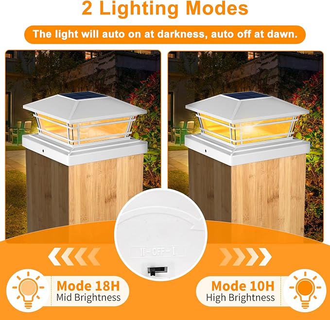 Solar Post Cap Lights Outdoor 8Pack [LED Bulb, 2 Brightness Setting] Fence Post Solar Lights Waterproof for 4x4 5x5 or 5.5x5.5 Wood Posts, Warm Bright Bulb Lighting for Garden Deck Yard White