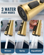 Pull Down Spray Head Replacement - for Kitchen Faucet Sprayer Head with 9 Adapters, 3 Function Pull Out Faucets Spray Nozzle Compatible with Moen, American Standard Faucets, Brushed Gold