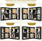 Unikito 110” Closet System with Drawers, Corner Closet Organizer with 4 Hanging Rods and Mirror Design, 9.3FT Reversible Large Wood L Shaped Walk in Closets Wardrobe with Shoe Shelves, Set of 4, Black
