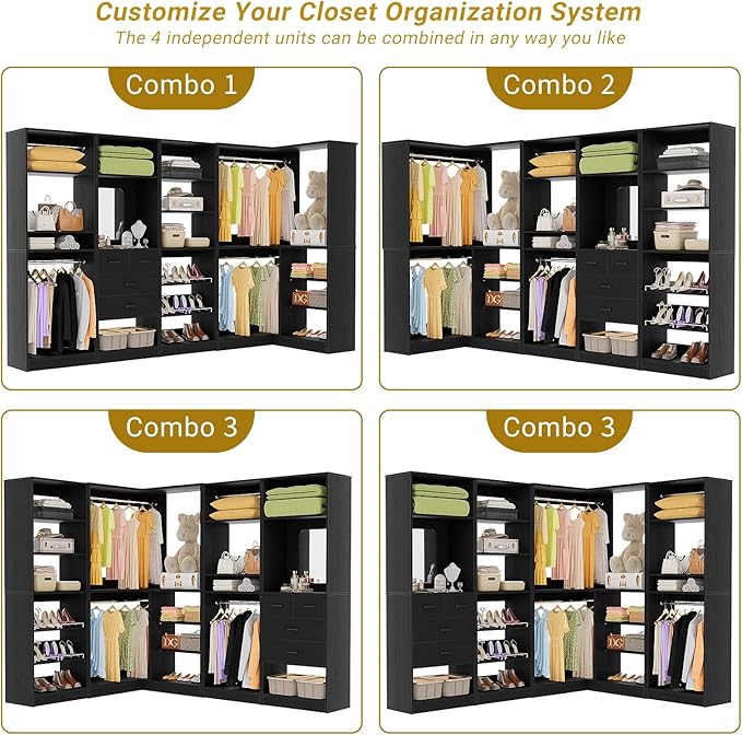 Unikito 110” Closet System with Drawers, Corner Closet Organizer with 4 Hanging Rods and Mirror Design, 9.3FT Reversible Large Wood L Shaped Walk in Closets Wardrobe with Shoe Shelves, Set of 4, Black