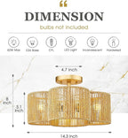 Rattan Light Fixtures Ceiling Mount, 4-Light 14" Boho Semi Flush Mount Ceiling Light with Hand-Woven Shade in Quatrefoil Shape for Kitchen Nursery Bedroom Hallway, Gold, AD-22007-4SF-RA-GD