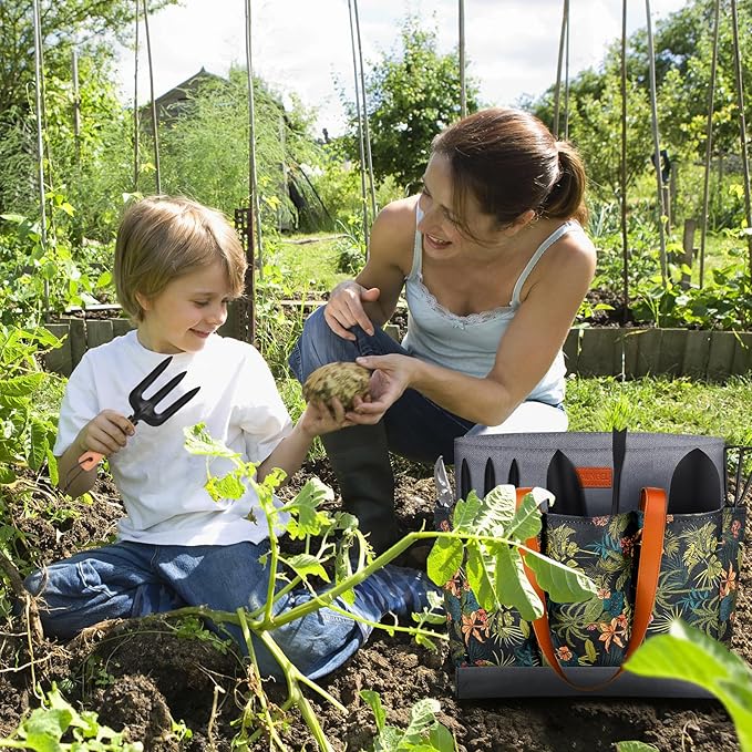 YAUNGEL Garden Tools - 10Pcs Garden Tool Set Heavy Duty Stainless Steel Gardening Supplies Hand Tools with Wooden Handle, Storage Tote Bag, Ideal Gardening Gifts for Women and Men, Black