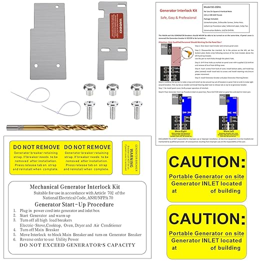 Generator Interlock Kit Compatible with Square D Vertical Main 150 or 200 Amp Breaker,3 1/4 to 4 Inch Spacing Between Main and Branch Breaker,Electrical Interlocking Panel.