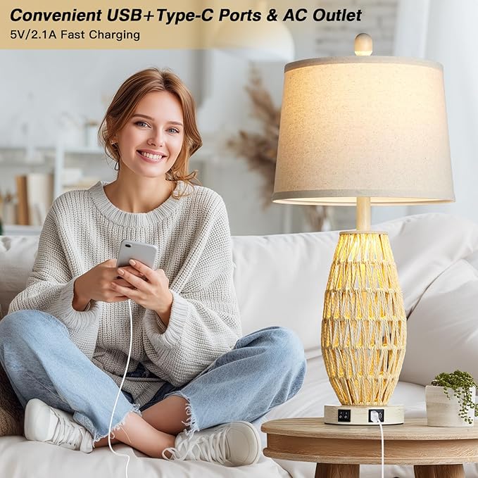 27“ Beige Rattan Table Lamps with Night Light, Boho Bedside Lamps Set of 2, Woven Wicker Bedroom Lamp for Nightstand with USB A+C Charging Port & AC Outlet, Tall Coastal Living Room Lamp
