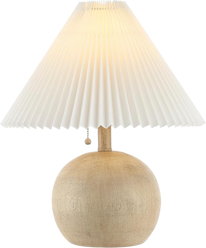 JONATHAN Y JYL1145B Aksel 17.25" Coastal Scandinavian Resin/Iron Sphere LED Table Lamp with Pleated Shade and Pull Chain, Beige Wood Finish/White, for Entry Console, Bedroom, Living Room