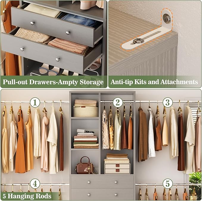 Closet System, 4.2–8.8 FT Closet Organizer with 2 Wooden Drawers and Shelves, Walk-in Closet System with 5 Hang Rods, Built-in Reach in Closet Tower, Can Fit 60 to 96 inch, Morandi Grey