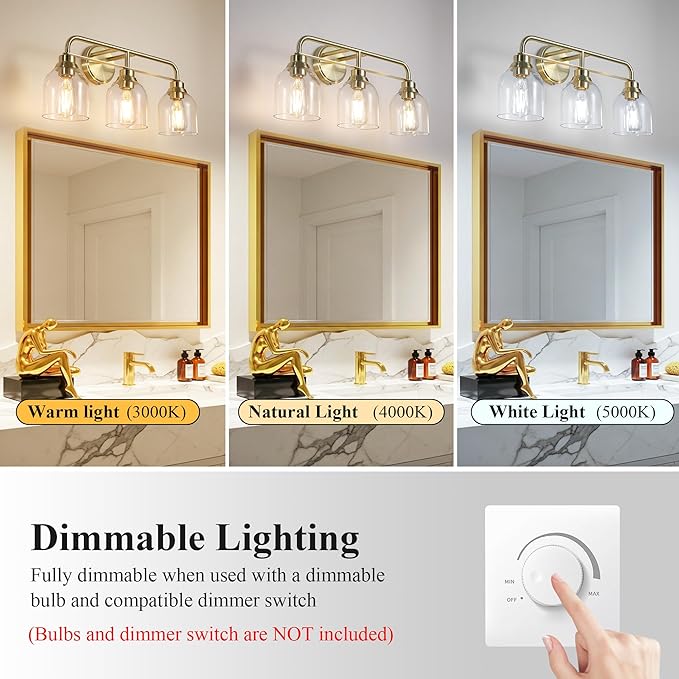3 Light Gold Vanity Lights for Bathroom, Bathroom Light Fixtures Over Mirror with Clear Glass Shade, Ceramic E26 Sockets Wall Mounted