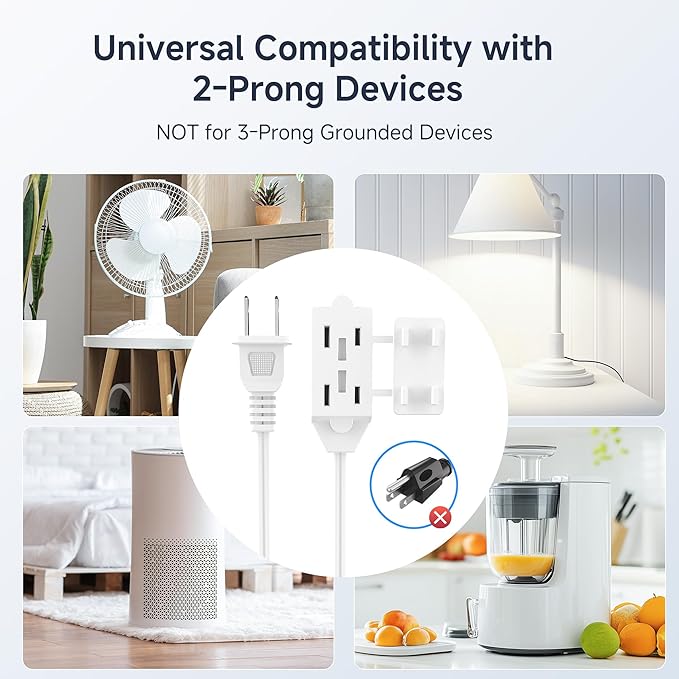 [UL Listed] Cable Matters 2-Pack 16 AWG 2 Prong Extension Cord 6 ft, 13A 3-Outlet Extension Cords with Tamper Guard, 13 Amp, 1625 Watts, White