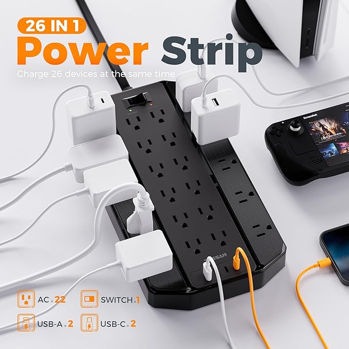 4000 Joules Surge Protector Power Strip, TESSAN 22 Outlets Large Power Strip with 4 USB(2 USB C), 10FT Heavy Duty Extension Cord with Multiple Outlets, 1875W/15A, for Home, Office, Gaming Room, Black