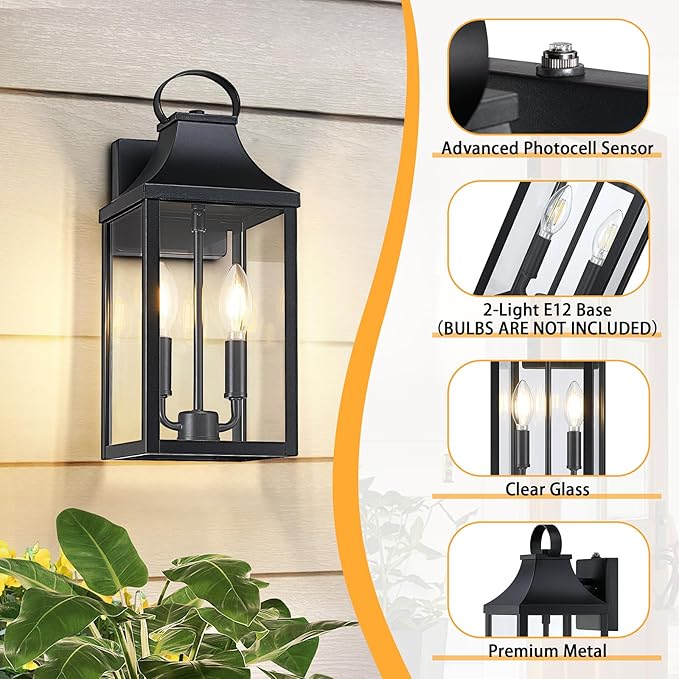 15" Dusk to Dawn Black Outdoor Wall Lantern, Outside Modern Wall Sconce Light Fixture, Porch Light Wall Mount with E12 Socket and Glass, Waterproof Exterior Lamp Lighting for Patio Garage, 1Pack