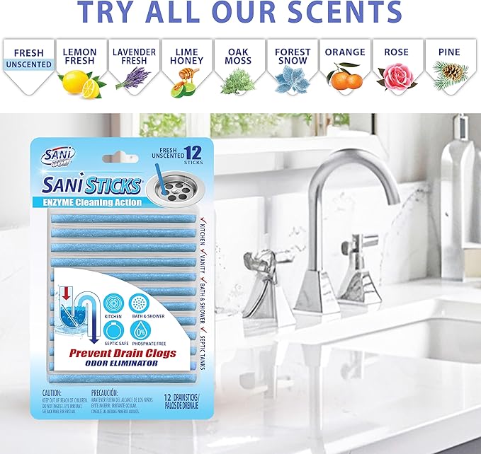 SANI 360° Sani Sticks Drain Cleaner and Deodorizer, 48 Count, Unscented Enzyme Pipe Cleaners, Eliminate Odors, Prevent Clogged Drains, Safe for Sinks, Bathtub Drains, Septic Tanks