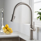 KRAUS Sellette Single Handle Spot Free Stainless Steel Pull-Down Kitchen Faucet with Deck Plate and Soap Dispenser, KPF-1680SFS-KSD-80SFS