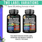 Sea Moss Black Seed Oil Ashwagandha Ginger Capsules. Sea Moss Capsules with Black Seed Oil, Ashwagandha, Turmeric, Moringa, Bladderwrack, Burdock Root, Manuka Honey, Cinnamon. 18-in-1 20’445 mg/Serv