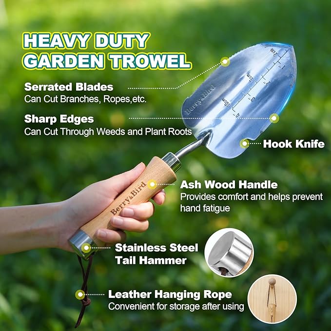 Berry&Bird Weeding Trowel, Multi- Use Hand Shovel with Serrated Blade Stainless Steel Garden Trowel Plus Size Potting Trowel with Wooden Handle for Transplanting, Digging, Measuring, Cutting Roots