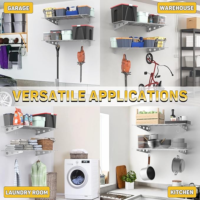 Ultrawall Garage Wall Shelves, 2 x 4 ft Wall Mounted Storage Shelves, Heavy Duty Wall Shelving with Hooks, Holds Up to 220 Lbs, 2Pack, White