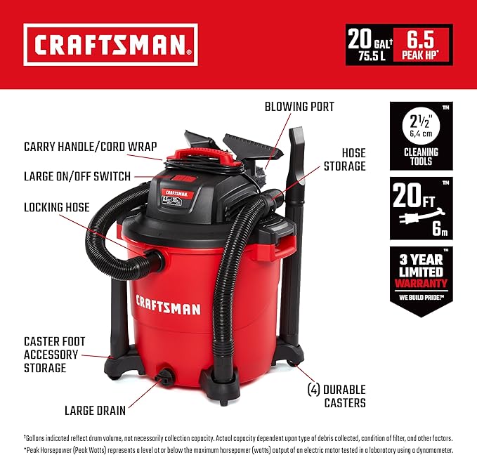 CRAFTSMAN CMXEVBE17596 20 Gallon 6.5 Peak HP Wet/Dry Shop Vac, Heavy-Duty Shop Vacuum Wet and Dry with Filter, Dust Bag, Hose and Attachments for Shop, Garage, Jobsite Cleaning