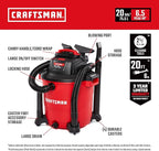 CRAFTSMAN CMXEVBE17596 20 Gallon 6.5 Peak HP Wet/Dry Shop Vac, Heavy-Duty Shop Vacuum Wet and Dry with Filter, Dust Bag, Hose and Attachments for Shop, Garage, Jobsite Cleaning