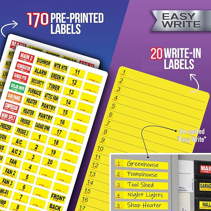 170 Circuit Breaker Decals - 100 AMP Set - Vinyl Labels for Breaker Panel Boxes - for Home or Office, Apartments and Electricians - Place on Directory, Switch or Fuse - Bright “Easy Read” Color.