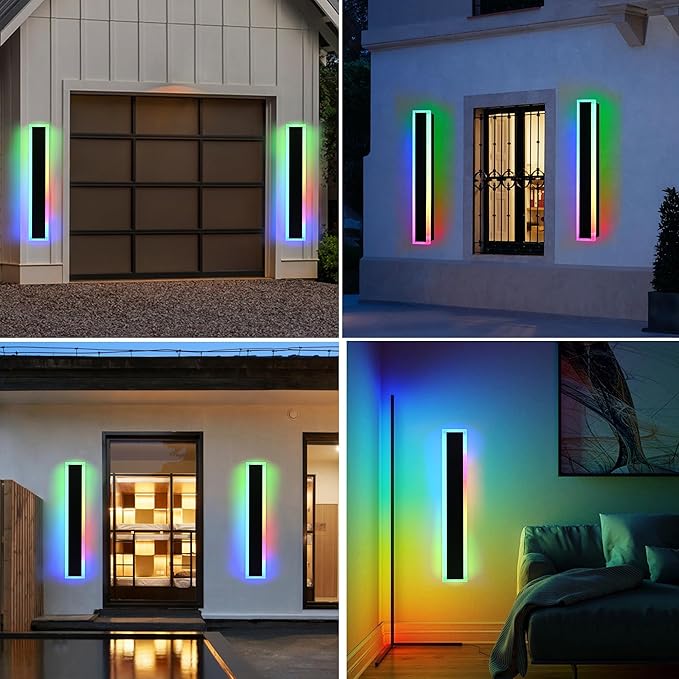 MELUCEE 2 Pack 40in Long Outdoor LED Wall Lights IP65 Waterproof Modern RGB Exterior Wall Light Fixture Black for Courtyard Garage Patio Porch, Remote Control Included