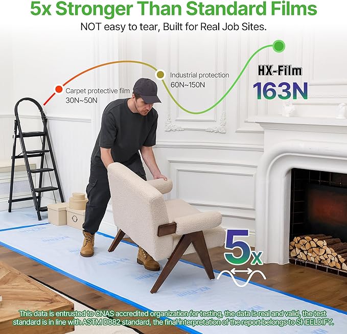 39" x200' Heavy-Duty Floor Protection | Construction Grade Carpet Protector | Drop Cloth Plastic Film for Hardwood Floors | Waterproof Painters Covering with No Residue(Ice Blue)