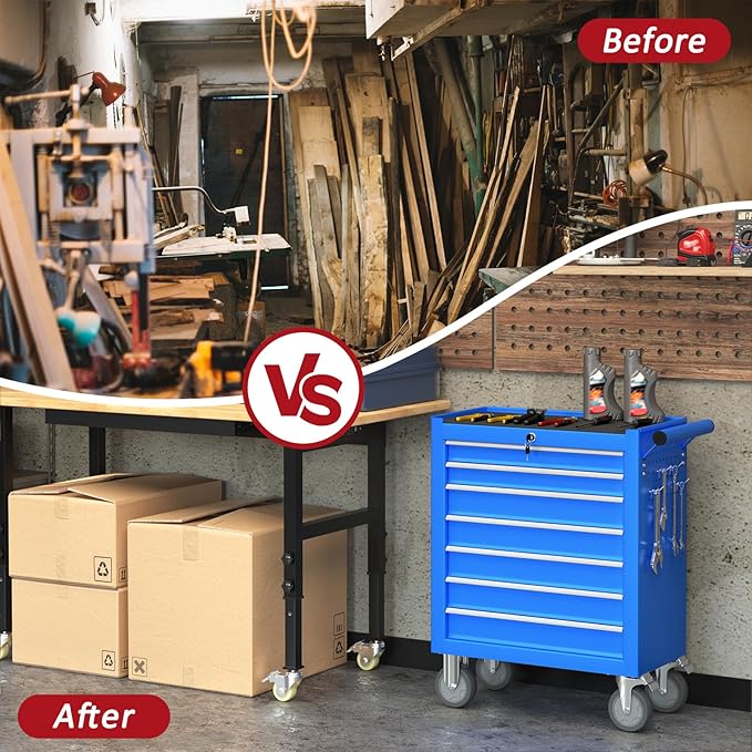 7 Drawers Rolling Tool Chest with Wheels, Portable Rolling Tool Boxes with Wheels, Tool Box Storage Cabinet with Locking System for Garage (Blue, 7 Drawers)