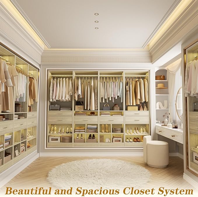 Unikito Closet System, 8.2FT Closet Organizer with 6 Wooden Drawers, Hanging Rods, Adjustable Shoe Rack and Cube Storage, Easy Assembly Wardrobe Tower, Set of 4, White Oak