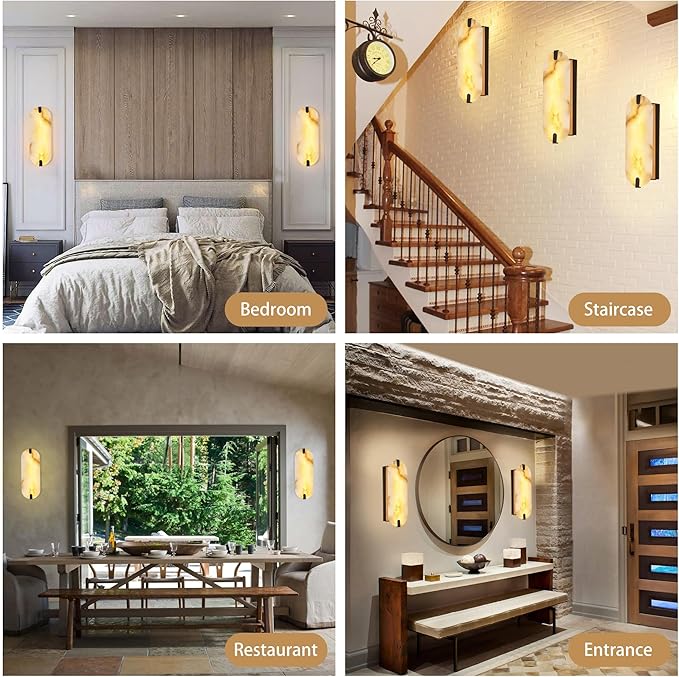 14.17in Alabaster Wall Sconces, Natural Marble Wall Light Set of Two, Modern LED Alabaster Sconces for Living Room Indoor Wall Lamps for Dining Room Stairs Bedroom,Black