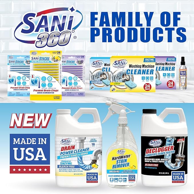 SANI 360° Drain Power Cleaner, Probiotic Enzyme Gel Formula, Odor eliminator, prevents clogs, Grease, Soap Scum, Save Money on Plumbing, Pipes and Septic safe, Made in the USA, 16 Uses, Lemon Scent