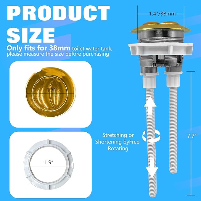 38mm/1.5Inch Dual Flush Toilet Button Kit - Water-Saving Push Valve Replacement Set for Tank Repair, Corrosion-Resistant Bathroom Upgrade Parts (Golden, Universal Fit, Easy Install)