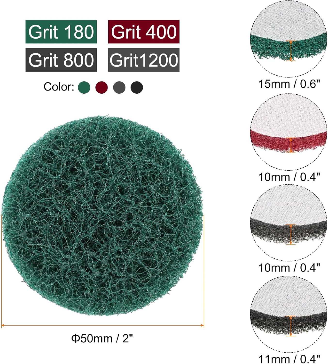 HARFINGTON 4pcs Scrubber Scouring Pads 180 400 800 1200 Grits 2 Inch Drill Power Brush Hoop and Loop Surface Conditioning Disc Drill Scuffing Disc Scrub Pads for Kitchen Cleaning, 4 Colors