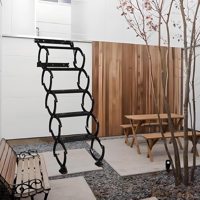 5 Steps Wall Mounted Attic Ladder, Indoor Attic Stairs Pull Down System, Metal Telescoping Step Ladders, Anti-slip Retractable Folding Stair, Loft Extension Steps Staircase for Garage (black, 5 Steps)