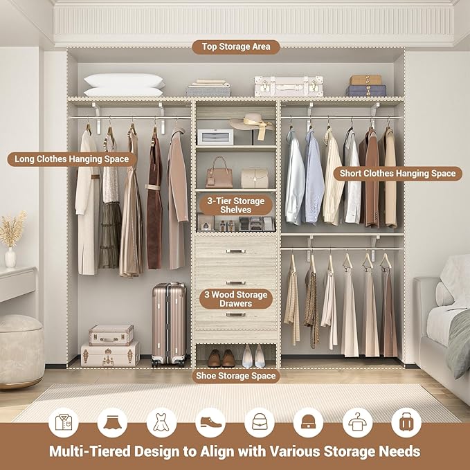 Closet System with Drawer - 8FT Wood Closet Organizer System with 3 Hanging Rods and Shelving Tower, 96" Walk In Closet Organizer Wardrobe, Heavy Duty Garment Rack Clothes Rack, White Oak