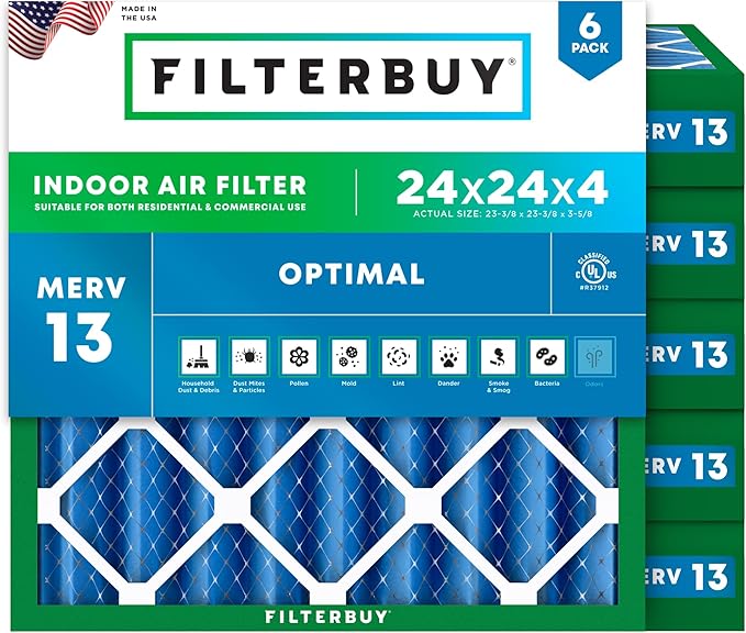 Filterbuy 24x24x4 Air Filter MERV 13 (MPR 1900) Health Defense Replacement (6-Pack), Electrostatic Pleated HVAC AC Furnace Filters, Made in USA (Actual Size: 23.38 x 23.38 x 3.63)
